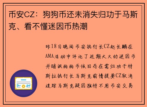币安CZ：狗狗币还未消失归功于马斯克、看不懂迷因币热潮